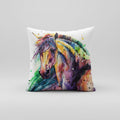 Colorful horse pillow on a couch with a neutral background