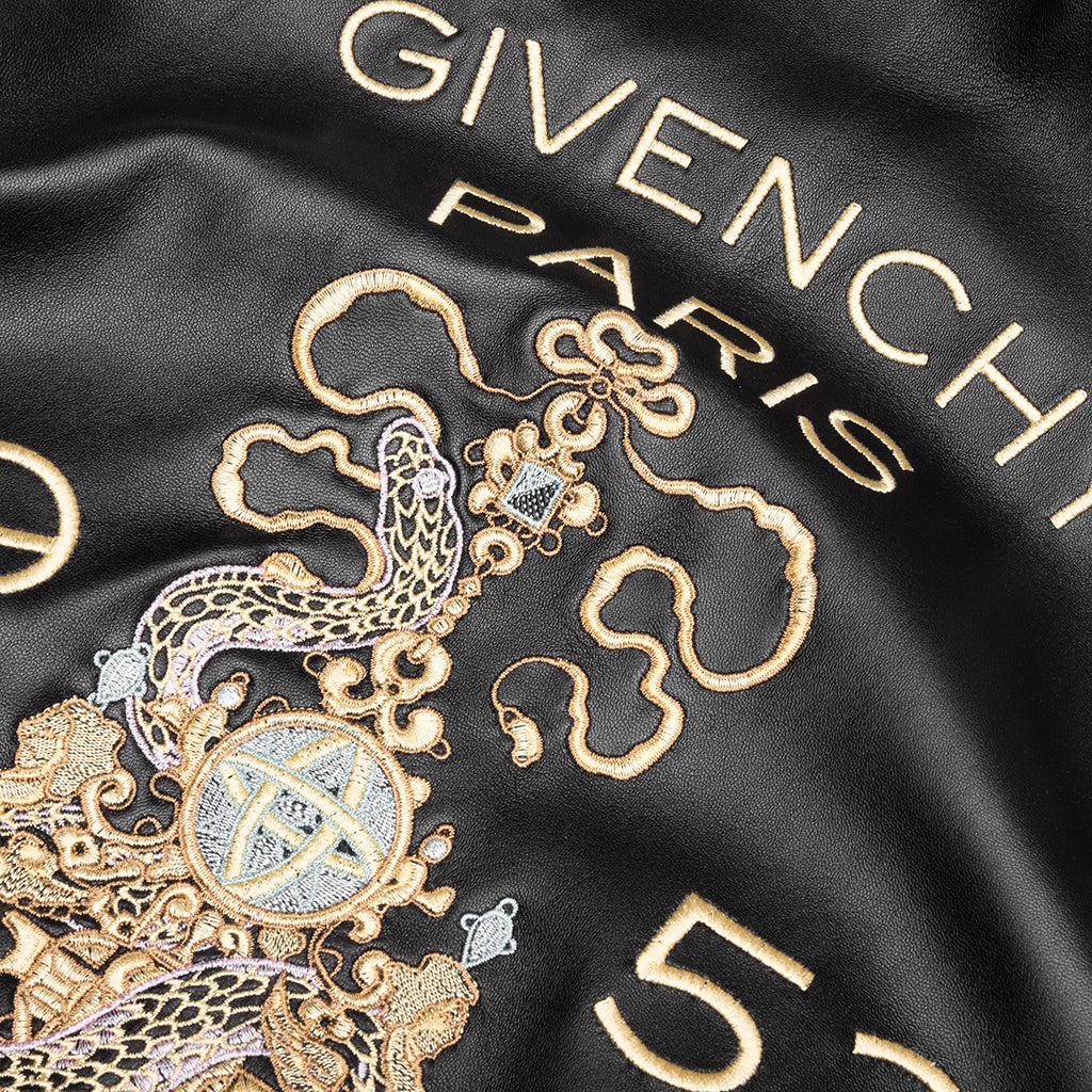 Nappa Leather Varsity Jacket with Chandelier and Snake Embroideries - Black/White