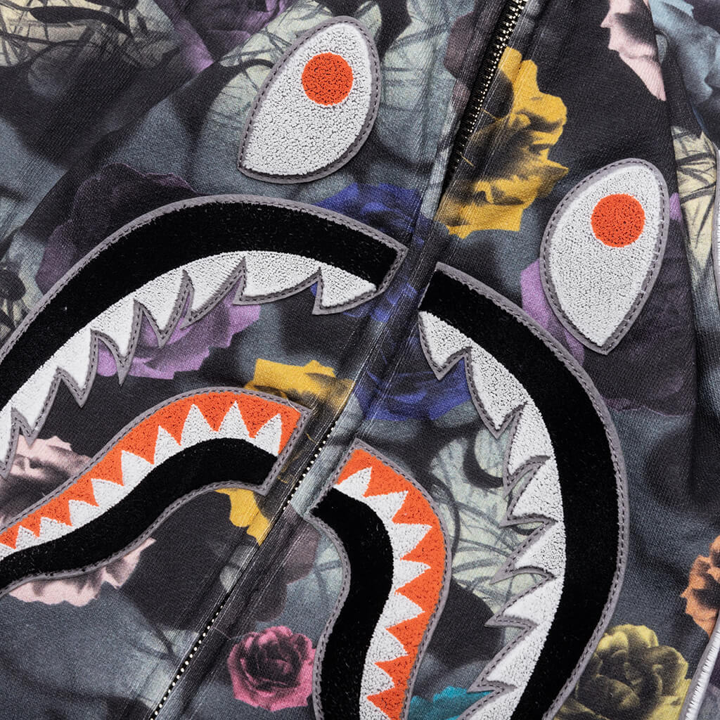 Floral Camo Shark Relaxed Fit Full Zip Hoodie - Black