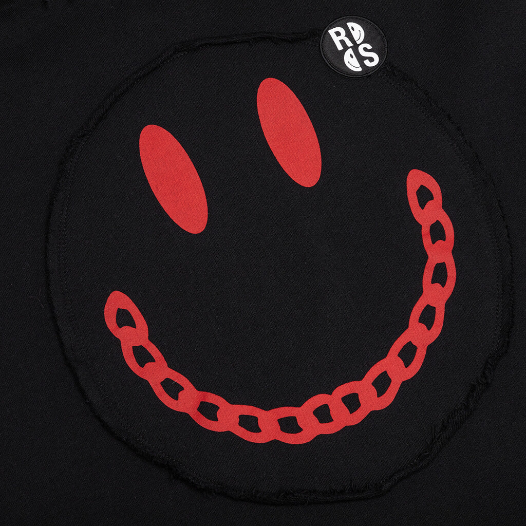 Smiley Print Destroy Washed Regular Fit Hoodie - Black